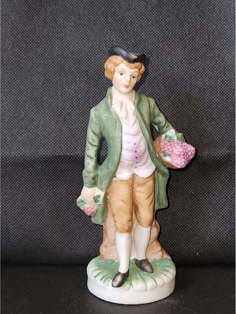 Vintage Porcelain Ceramic Figurine Victorian Man Carrying Grapes Tricorn Hat